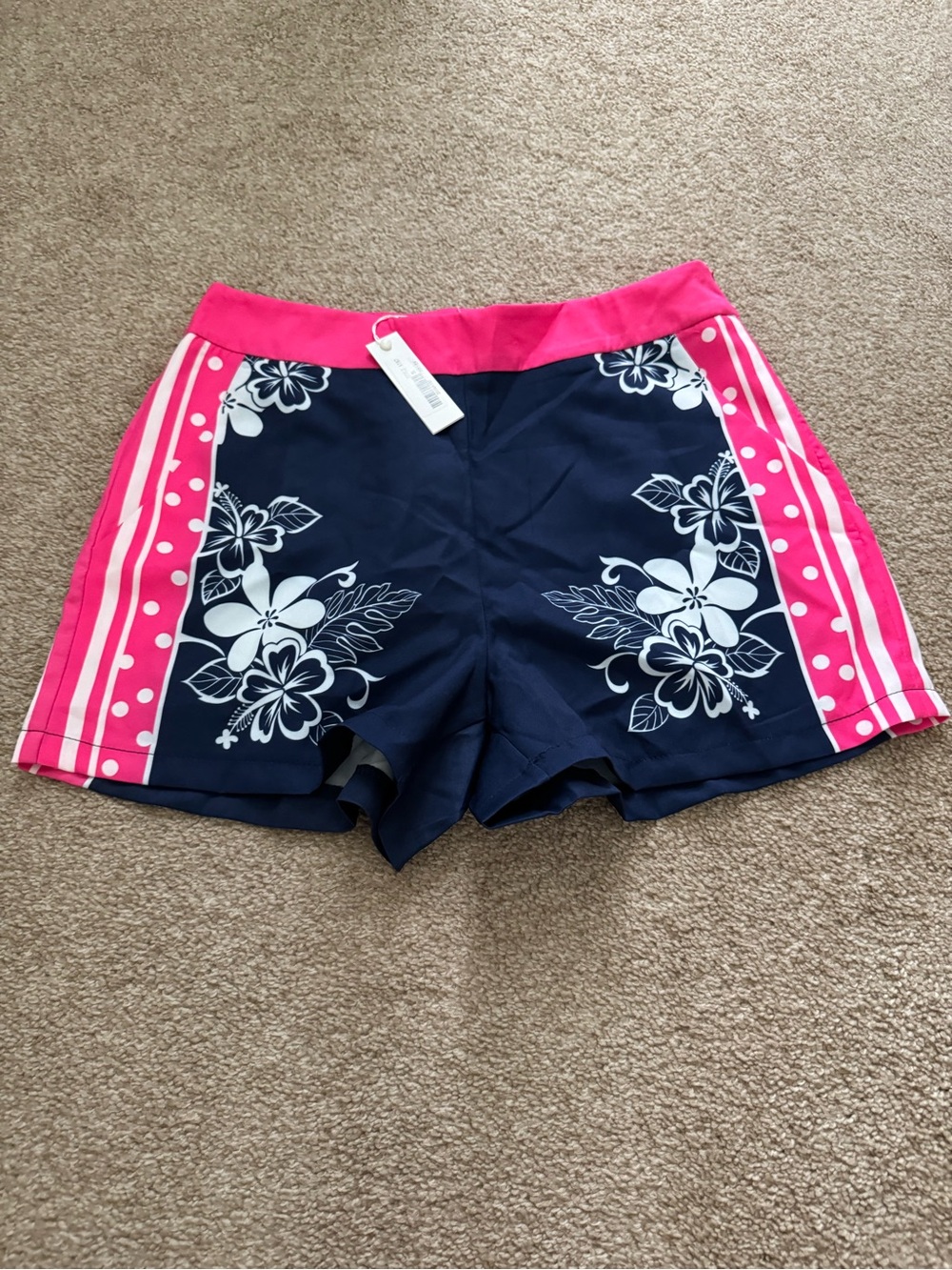 Women's Navy Floral Athletic Shorts with Hot Pink Trim